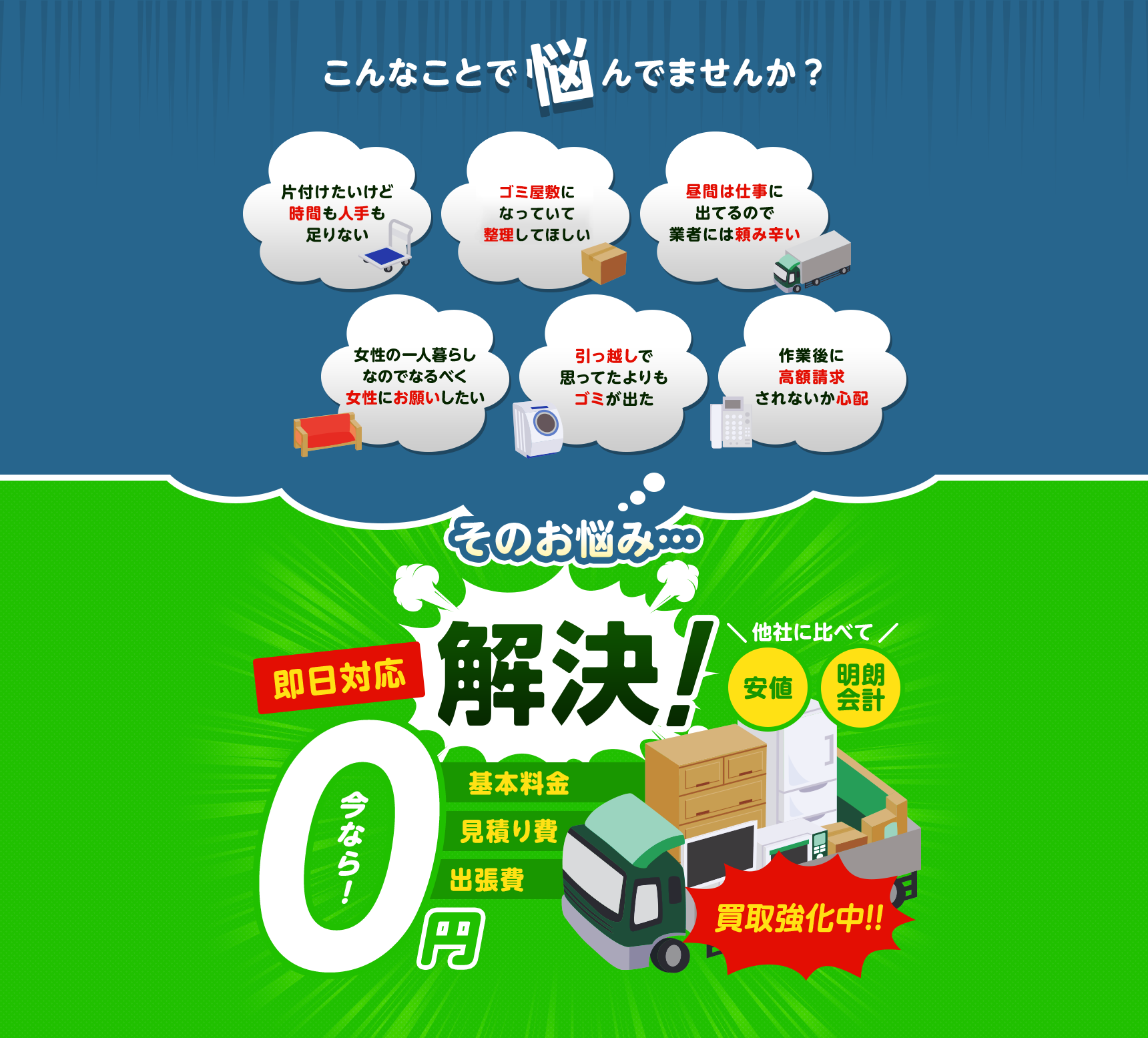 こんなことで悩んでませんか？片付けたいけど時間も人手も足りない ゴミ屋敷になっていて整理してほしい 昼間は仕事に出てるので業者には頼み辛い 女性の一人暮らしなのでなるべく女性にお願いしたい 引っ越しで思ってたよりもゴミが出た 作業後に高額請求されないか心配 そのお悩み…解決！他社に比べて安値・明朗会計 即日対応 今なら基本料金・見積もり費・出張費0円